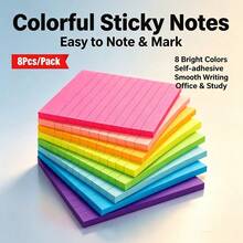 1/4/8pcs 8-Color Fluorescent Lined Sticky Notes, High Aesthetic, Paper Surface With Horizontal Grid Pattern, Smooth Writing Experience, Self-Adhesive Backing For Firm Attachment, Resistant To Peeling, Back To School, Christmas, Halloween, Thanksgiving Gifts - one-size - View 1