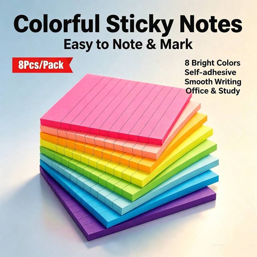 1/4/8pcs 8-Color Fluorescent Lined Sticky Notes, High Aesthetic, Paper Surface With Horizontal Grid Pattern, Smooth Writing Experience, Self-Adhesive Backing For Firm Attachment, Resistant To Peeling, Back To School, Christmas, Halloween, Thanksgiving Gifts - one-size - View 1