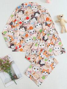 Tween Girls Cute Cartoon Cat Print Button Front Long Sleeve Pajama Set, 2pcs Lapel Top & Pants Soft Sleepwear For Autumn Winter Home Outfit Loungewear - Multicolor - View 3