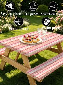 3 Pieces Picnic Tablecloth Set With Bench Cover, Elastic Edge Design, Striped Pattern, Washable Rectangular Tablecloth, Suitable For Wedding, Camping, Picnic, Garden Party And More, Practical Essential - B - View 9