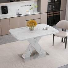 120CM-160CM Modern Rectangle Dining Table, Stretchable, With Printed White Marble Table Top+MDF X-Shape Table Leg With Metal Base - 白色 - 查看 5