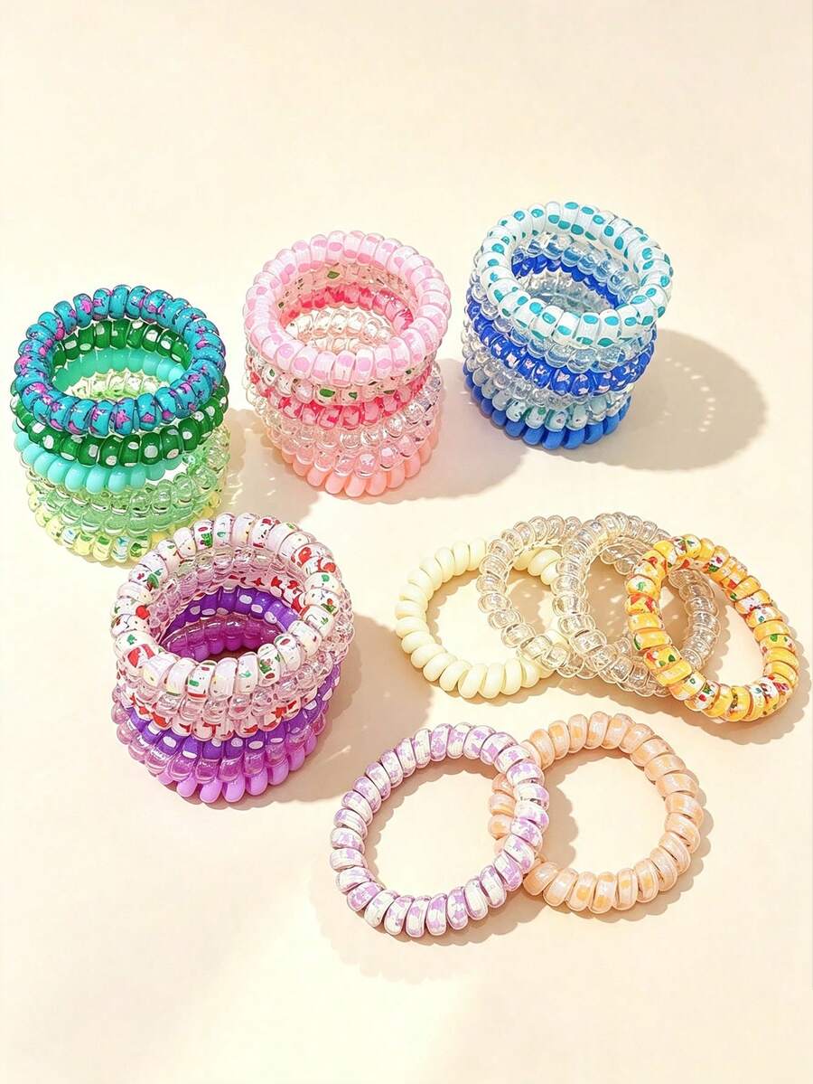 30pcs Multi-Color Assorted Macaron Ditsy Floral Spiral Hair Ties, Non-Damaging High Elasticity Hair Bands For Girls, Bagged - Multicolor - View 1