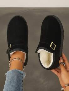 Botas de Tornozelo de Inverno com Fivela, Forro Térmico, Sola Grossa, Plus Size, Ajuste Largo, Slip-On, Sapatos Quentes para Mulheres - Preto - Visão 3