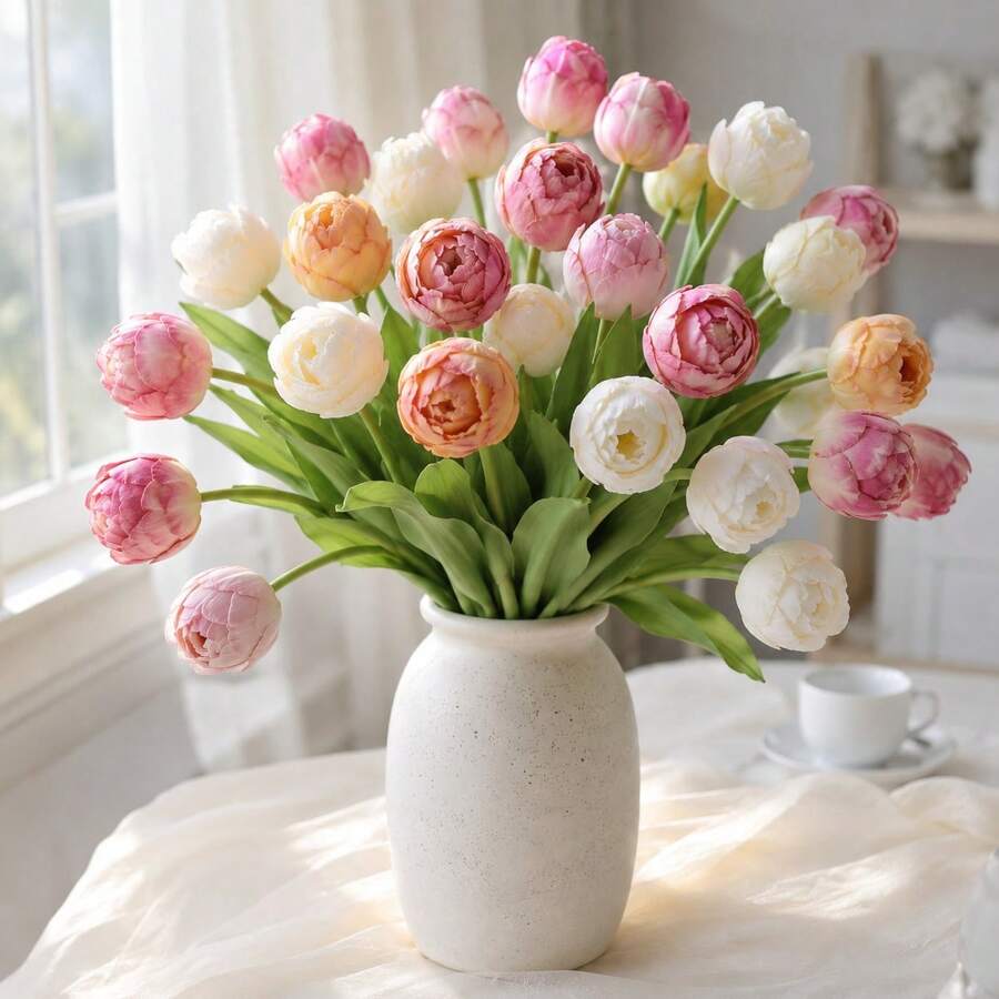 White Artificial Peony Tulip Flowers, Suitable For Home Vase Decoration, Wedding Bouquet And Table Centerpiece Decoration Home Decor Autumn Decor Wedding Decor Outdoor Garden Decor-Flowers