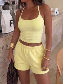 Unadoll Women's Summer/Autumn Basic 2 Pieces Set, Spaghetti Strap Tank Top And Drawstring Shorts, Elegant - Yellow - View 6