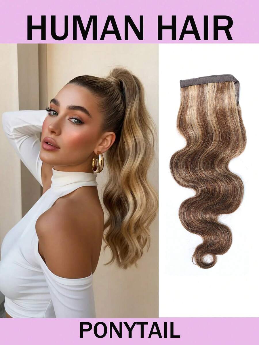 Long Body Wave Ponytail Human Hair Extension Clip In Curly Pony Tail Highlight Wrap Around Hairpieces For Women #4/27 Color For Halloween Party - S4/27 - View 1