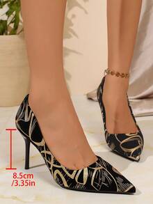 Commuter Style Black & Gold Abstract Graffiti Pointed Toe Luxury Gilded Artistic Line Elegant Versatile Thin Super High Heel Pumps For Women - Black and Gold - View 3