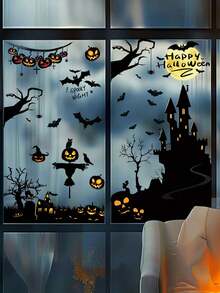 New Halloween Black Castle, Bat, Pumpkin Window Glass Static Cling Stickers Scene Decor, Halloween Party, Store Window Decoration - Sticker - View 8