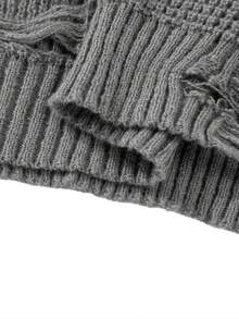 Men's Distressed Crew Neck Sweater, American Street Style Fringed Hem Loose Knit Pullover, Autumn/Winter Brand Top - Grey - View 8