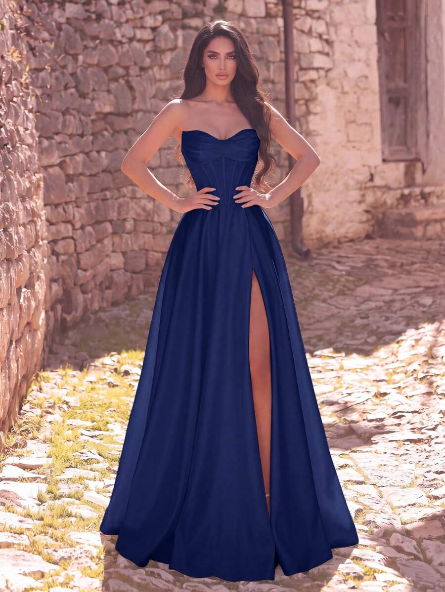 Satin A-Line High Slit Strapless Evening Gown, Suitable For Wedding Ceremony, Wedding Reception, Party, Gala Fall - Navy Blue - View 1