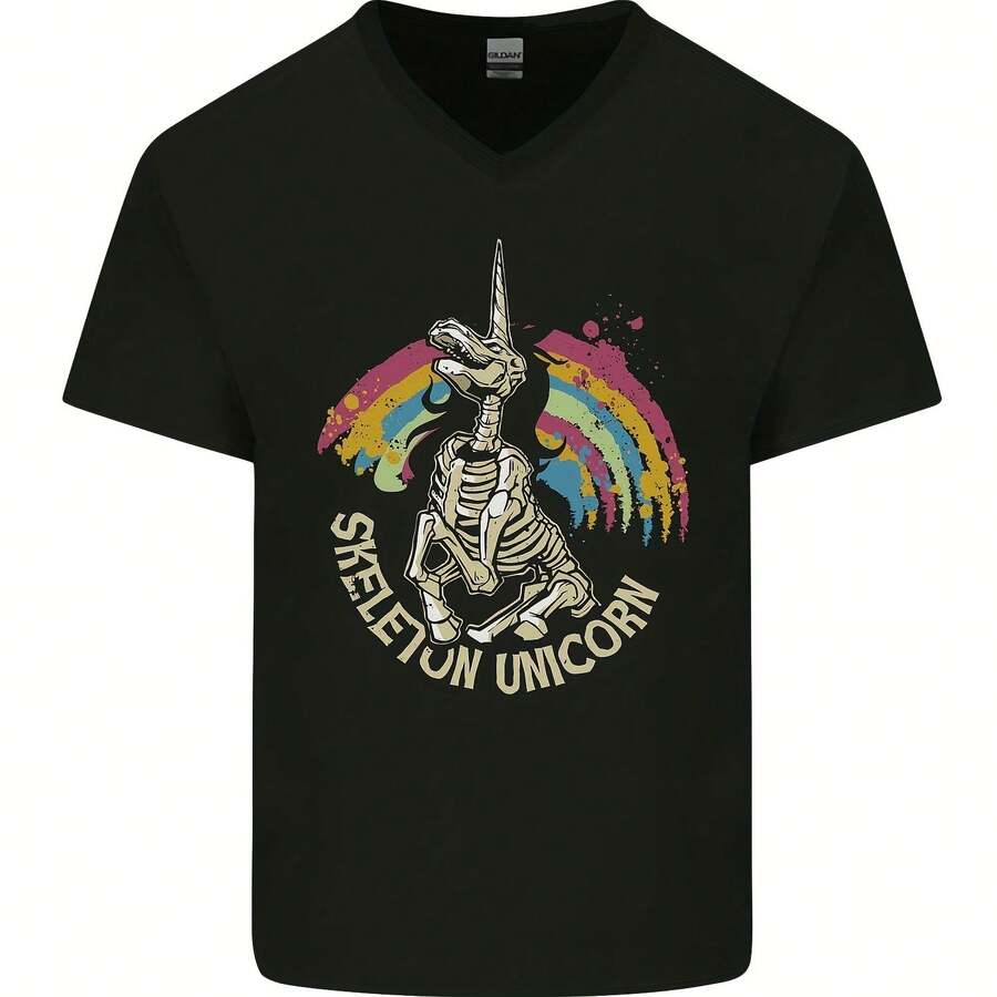 Skeleton Unicorn Skull Heavy Metal Rock Mens V Neck Cotton Maglietta- - 款式 - 查看 1