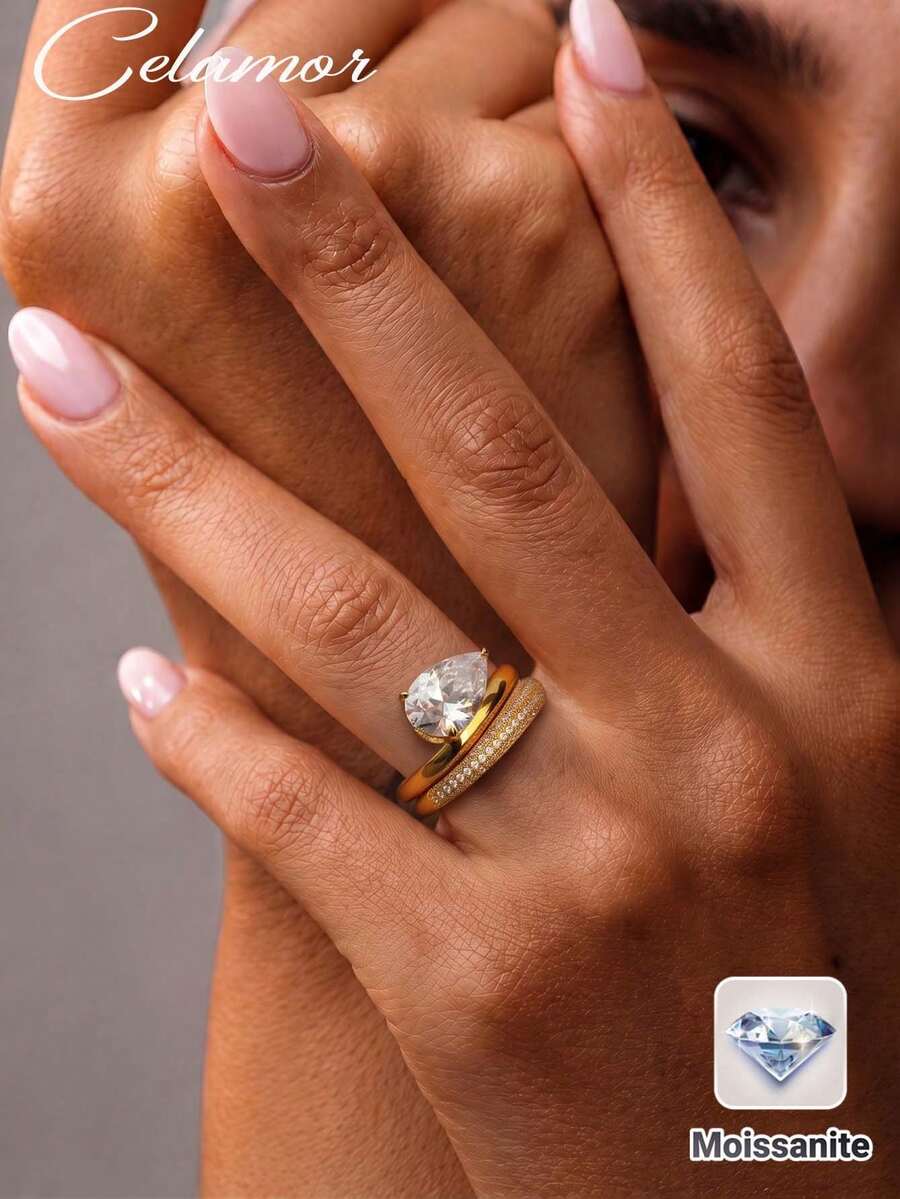 1件 S925銀 4CT 莫桑石梨形大主石訂婚戒指套組,中性全鑽戒圈可疊戴款,奢華新娘婚禮戒指2件組,適合情人節、婚禮季、度假、週年紀念、派對、送禮 - 金色 - 查看 1