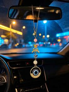 Rhinestone Evil Eye Car Rearview Mirror Hanging Ornament, Turkish Evil Eye Full Rhinestone Car Pendant, Pink Crystal Bead Bowknot Chain Rearview Mirror Decorative Hanging Accessory - Demon - View 4