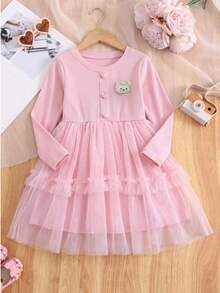 Little Girl Pink Tulle Dress With Ruffle Layered Skirt Design, Cute Pattern Decoration, Long Sleeve Knitted Princess Dress, Children's Daily And Party Wear - Pink - View 2