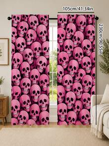 2PCS, Pink Skull Print Curtains, Dark Sweet Cool Style, Halloween Party Home Decor Fabric Curtains - Multicolor - View 12