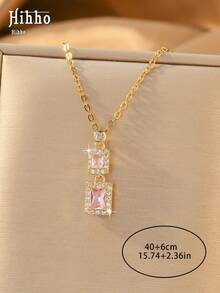 Hihho 1pc Colorful Square Zirconia Double Pendant Necklace, Gold Plated Zirconia Inlaid Necklace, Exquisite Gift Jewelry For Women - Double-sided Block - View 6
