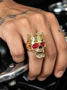 Vintage Crown Skull Men's Ring, Gold-Tone Red Eye Gemstone Embossed Band, Personalized Motorcycle Style Ring Accessory With Strong Vibe, Men's Daily Party Wear Jewelry, Halloween Gift - Multicolor - View 7