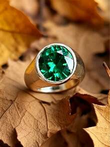 1 st silverfärgad rund signetring med grön zirkonia i infattning, unisex bred solid vintagefingerring, personlig, utan ask - Silver - Visa 3