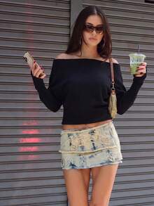 Autumn Halloween Hot Girl Sweater Outfit, Women's Black Asymmetrical Shoulder Cropped Long Sleeve Ribbed Sweater, Back To School Daily Date Versatile Style - Black - View 3
