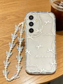 1 buah Casing Ponsel Transparan Lembut Motif Gelombang Besar Krem dengan Pita Putih & Cetakan Huruf Kupu-kupu, Gelang Manik-manik Kupu-kupu DIY, Pola Gelombang Putih Krem, Lensa Cakupan Penuh, Casing Lembut, Kompatibel dengan Ponsel Seri 1 - Clear - View 5