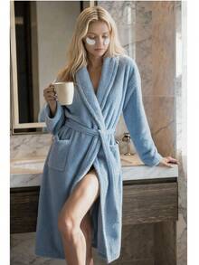 Bathrobe Soft Touch Contain Cotton Bathrobe For Women & Men - Made In Turkey, Lightweight, Absorbent, Comfortable Bath Robe - Dusty Blue - View 2