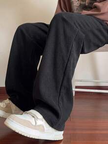 1pc Men's Corduroy Drawstring Waist Wide Leg Casual Sports Pants, Suitable For Outdoor Activities - Black - View 3