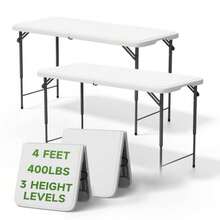 Folding Table 4 Foot - 3-Position Adjustable Height, Heavy Duty 400 Lbs Capacity - Portable Tables Folding For Camping, Party, Indoor And Outdoor Use, 2 Pack - White - View 9