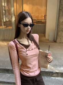 Women's New Stunning Pink Long Sleeve T-Shirt, 2 In 1 Knit Slim Fit Inner Layer Top - Pink - View 2