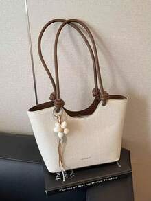 Bolso de hombro tipo tote para mujer, gran capacidad, beige minimalista, con Charm floral lindo, suave y elegante, adecuado para compras y desplazamientos - Blanco - Ver 4