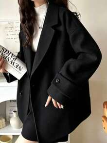 Women's Black Loose Double-Breasted Coat, Regular Length Fabric Autumn/Winter Outerwear - Black - View 2