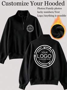 Personalized Customizable Women's Half-Zip Long Sleeve Knit Sweatshirt, Comfortable And Warm Lining, Suitable For Daily Wear And Winter Street Style. Customizable Logo, Photo, Street Style, Can Add Your Logo Or Text, Christmas Pattern, Halloween Pattern, Pet Pattern, Advertising Print, Workwear Logo Or Phone Number Can Be Customized - Black - View 1