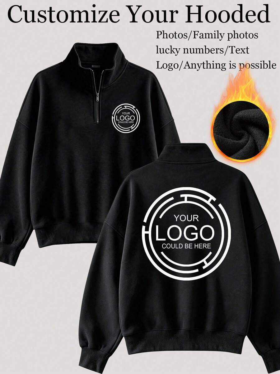 Personalized Customizable Women's Half-Zip Long Sleeve Knit Sweatshirt, Comfortable And Warm Lining, Suitable For Daily Wear And Winter Street Style. Customizable Logo, Photo, Street Style, Can Add Your Logo Or Text, Christmas Pattern, Halloween Pattern, Pet Pattern, Advertising Print, Workwear Logo Or Phone Number Can Be Customized - Black - View 1