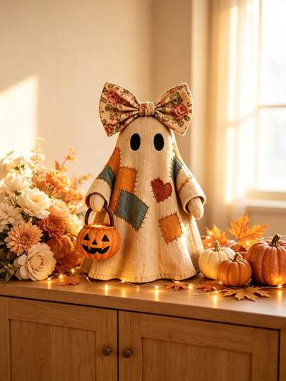 1 pieza Estatua de fantasma vintage con patchwork y lazo floral, figurita de fantasma de Halloween sosteniendo un cubo de calabaza miniatura, decoración de mesa de fantasma retro, regalo de decoración de Halloween de otoño para interiores del hogar, escritorio, ventana