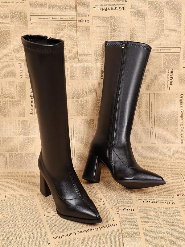 Fashionable Autumn/Winter New Knee-High Boots, Elegant Pointed Toe Chunky Heel Side Zipper Tall Boots