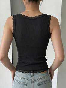 2pcs Women's Lace Trim Large Scoop Neck Knitted Tank Top, Regular Fit Slimming Inner Layer Base Top, Sleeveless Camisole For Outerwear - Multicolor - View 2