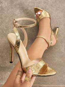 Jin Bei Qi Women's Summer Sandals, Gold Stone Texture Fabric Back Ankle Strap Buckle Thin High Heel Shoes, Fashionable Comfortable PU Leather High Heel Sandals, Suitable For Evening Party, Wedding, Party, Date, Formal Dress, Luxury Outfit - Gold - View 2