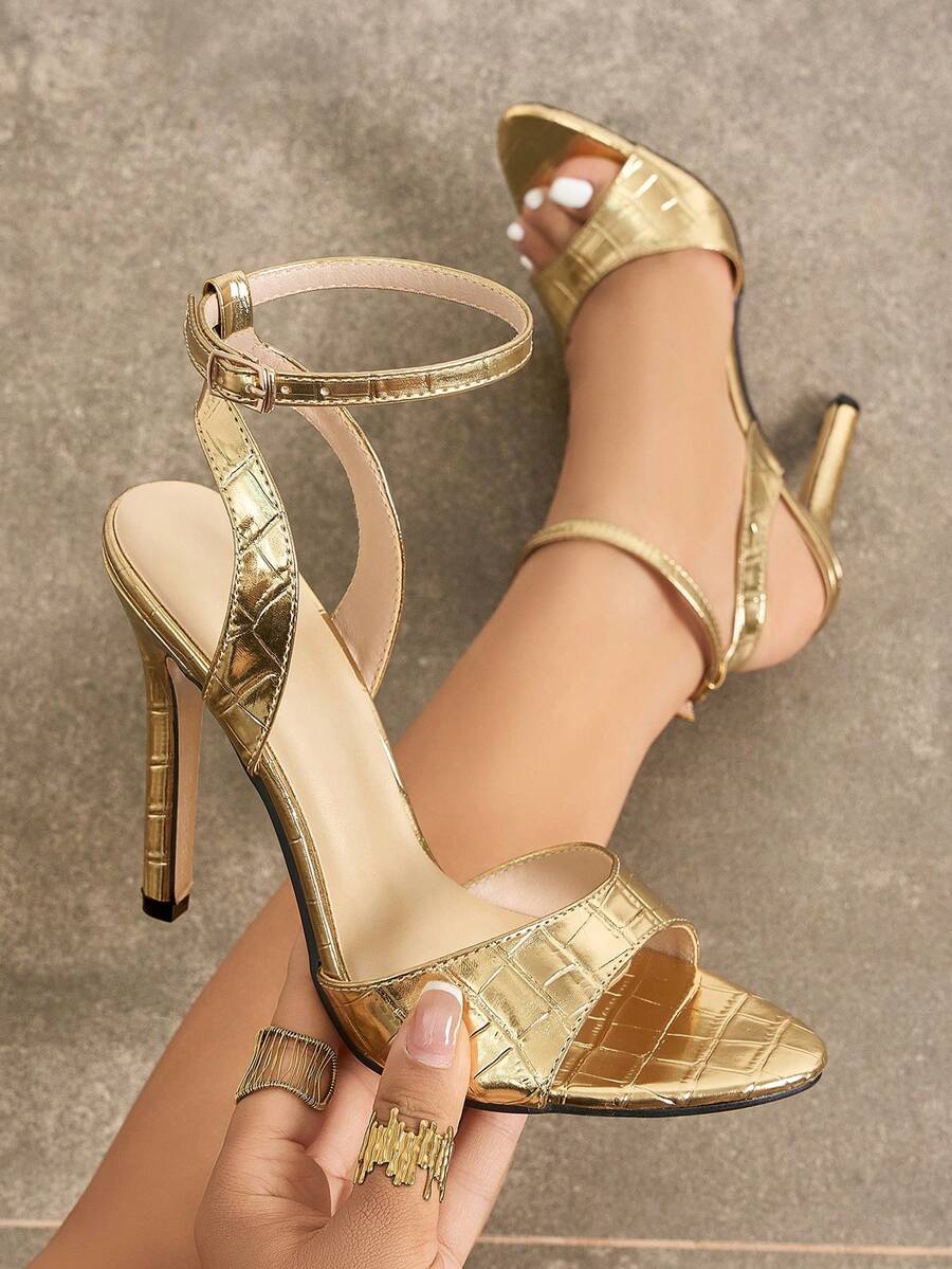 Jin Bei Qi Women's Summer Sandals, Gold Stone Texture Fabric Back Ankle Strap Buckle Thin High Heel Shoes, Fashionable Comfortable PU Leather High Heel Sandals, Suitable For Evening Party, Wedding, Party, Date, Formal Dress, Luxury Outfit