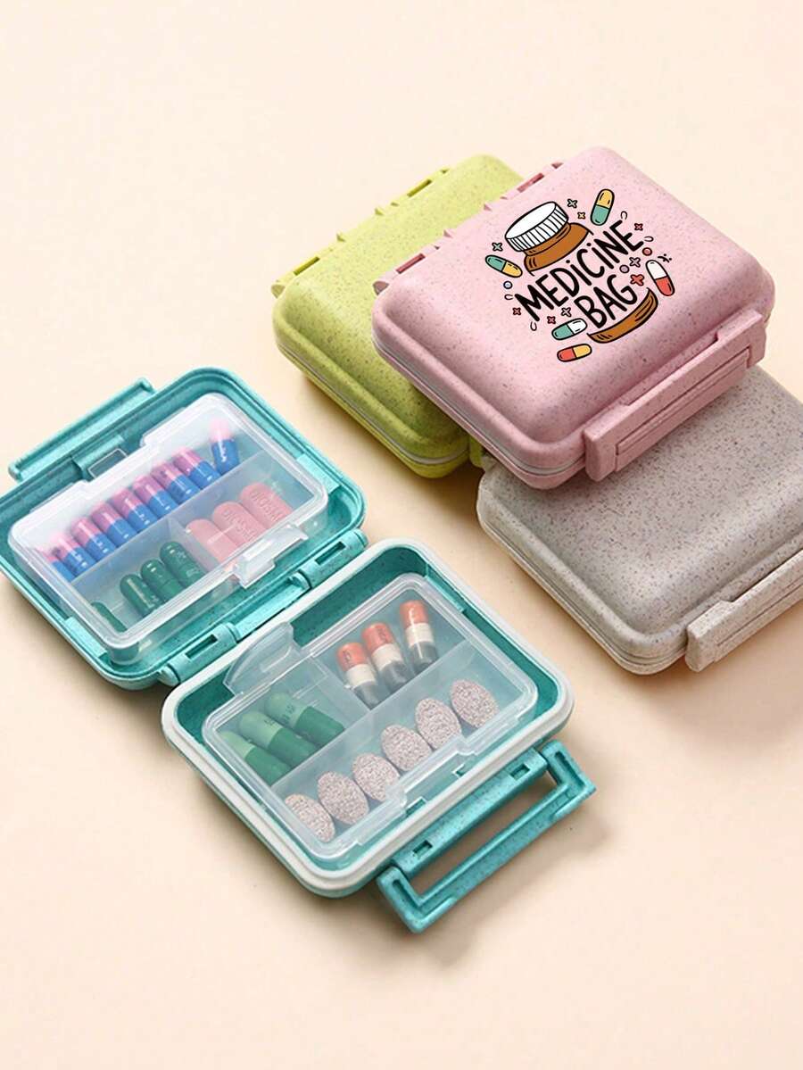迷你6格便攜藥盒，收納盒，旅行藥盒，印有「My Pill Box」和藥丸圖案，6格小藥盒，密封包裝收納盒，6天週用藥物收納盒，旅行必備藥盒，日常維生素藥盒，口袋藥盒收納盒，精緻收納盒，居家必備，旅行必備
