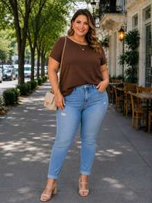 PLUS SIZE WOMEN'S ELEGANT BLOUSE PREMIUM SOLID COLOR CASUAL MODERN BASIC CONTEMPORARY VISCOLYCRA DAILY WORK - 鏽棕色 - 查看 4
