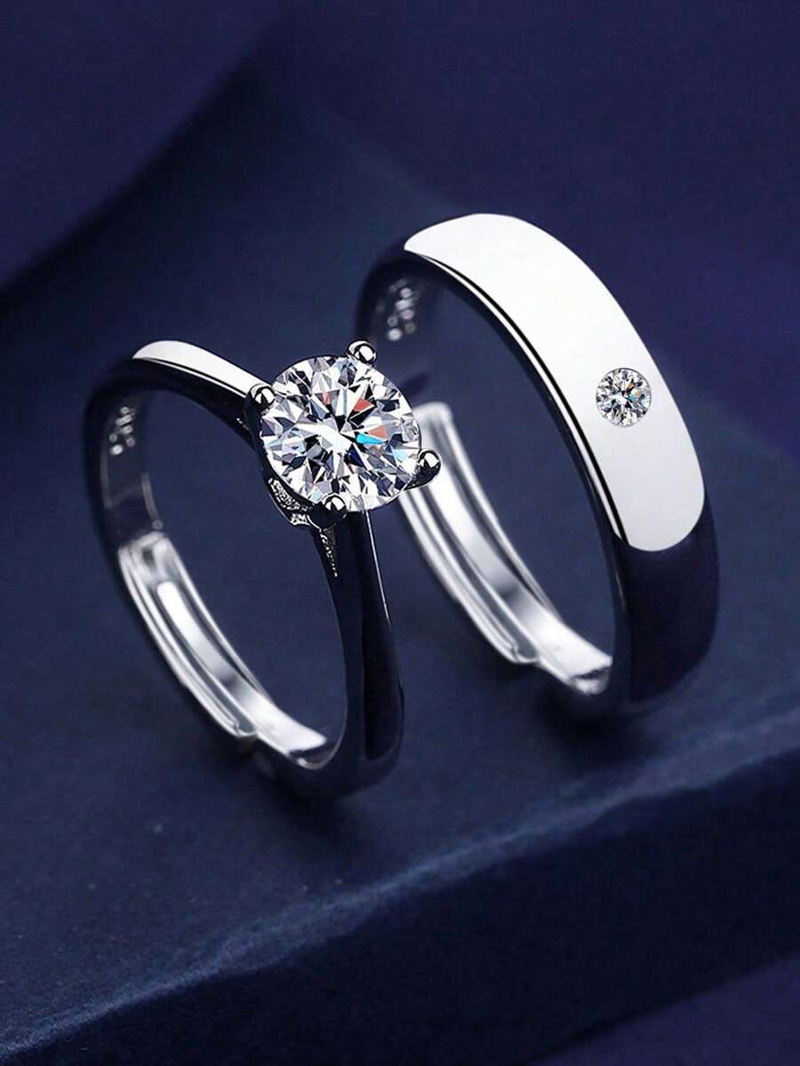 2PCS Fashion Minimalist Copper Inlaid Zirconia Adjustable Couple Rings - Silver - View 1