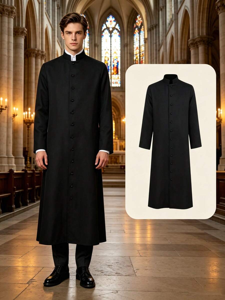 Black Long Robe, Vintage Stand Collar Single-Breasted Long Shirt, Loose Breathable Daily Robe, Arabic Middle Eastern Style Holiday Outfit, Minimalist Flattering, Festival Performance Costume, Stage Show Outfit, Casual Long Robe - Black - View 1