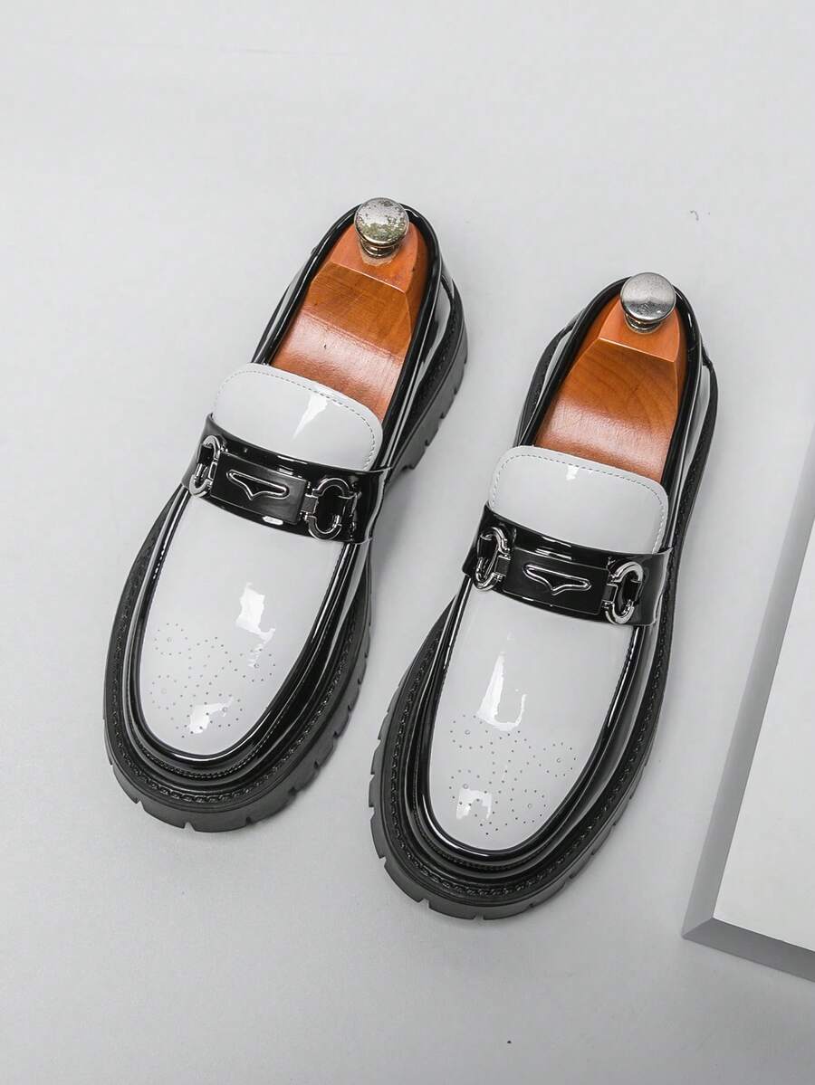 Men's Versatile Business Casual Thick Sole Height-Increasing Slip-On Black & White Colorblock Loafers