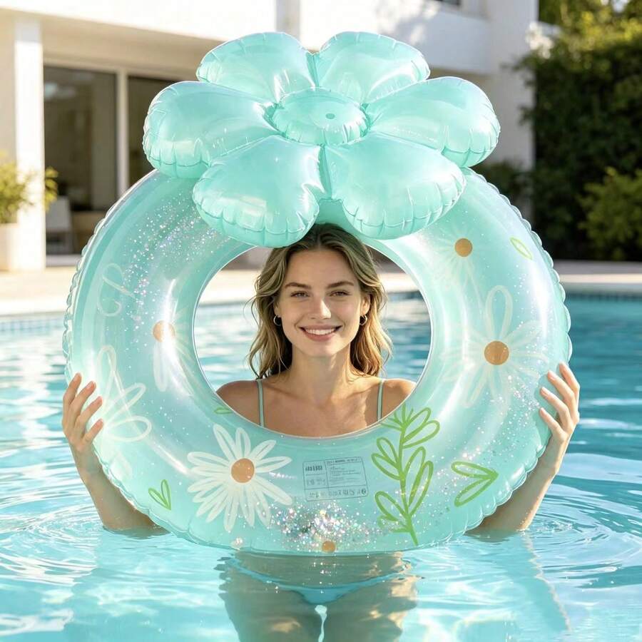 1pc Adult Oversized Daisy Flower Inflatable Swim Ring, Mint Green Ring-Shaped Float For Beach And Pool, Photo Prop - Mint Green - View 1