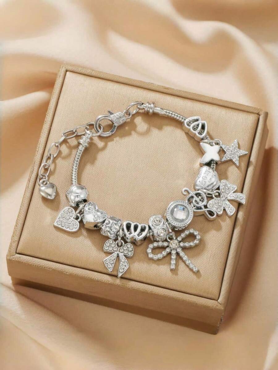 1 Peça Nova Pulseira com Pingente de Laço, Coração, Conta de Grande Abertura, Estrela de Cinco Pontas e Strass, Requintada, Adequada para Uso Diário e Presente - Multicolorido - Visão 1