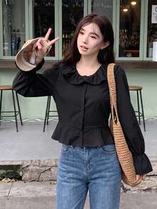 Autumn Elegant Solid Color Ruffle Trim Blouse Black - Black - View 7