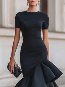 Trending 2026 Summer Short Sleeve Round Neck Ruched Bodycon High‑Low Ruffle Midi Dress, Elegant Cocktail Evening Gown For Wedding Guest & Date Night - Black - View 9