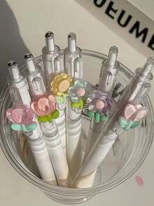 6pcs Floral Theme Neutral Pens, Student Black Ink Ballpoint Pens, Random Color Style, 0.5mm Tip Desktop Decoration, Floral Design, First Day Of School - Multicolor - View 2