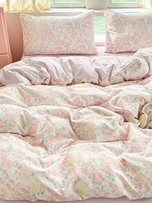 2/3pcs Romantic Floral Print, Pink & Purple Rose Pattern, Pleated Texture, Super Soft, Sweet & Cute, Back To School Season, Washed Duvet Cover & Pillowcase Set, Spring/Summer Style, Available For Double, Queen, King Size Beds - Multicolor - View 2