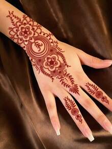 1張防水臨時假紋身貼，紅色海娜 Mehndi 曼陀羅花卉圖案紋身貼紙，異國風身體裝飾，適合女性手部、手腕、手指，婚禮使用 - 紅色 - 查看 3