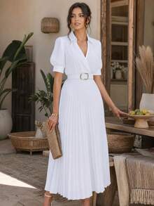 Spring/Autumn Slim Fit Short Sleeve Dress With Waist Belt, Elegant Lady Style, Solid Color Pleated Skirt, And Polyester Fabric White Summer - White - View 2